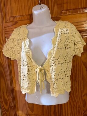Pink Rose Pale Yellow Openwork Tie-Front Knit Cardigan